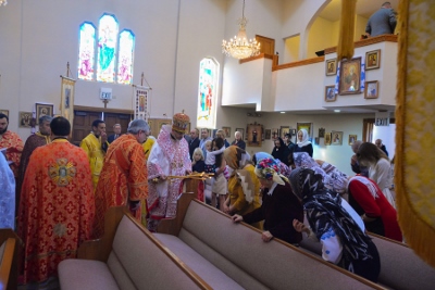 Greeting his Eminence Archbishop Daniel in St. Andrews church LA