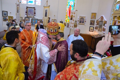 Greeting his Eminence Archbishop Daniel in St. Andrews church LA